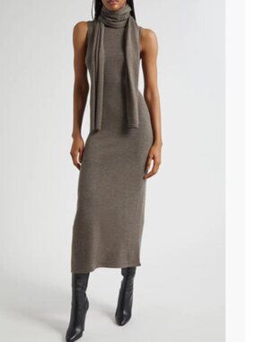 STAUD Taupe Canal Merino Wool Midi Dress With Scarf NWT, L